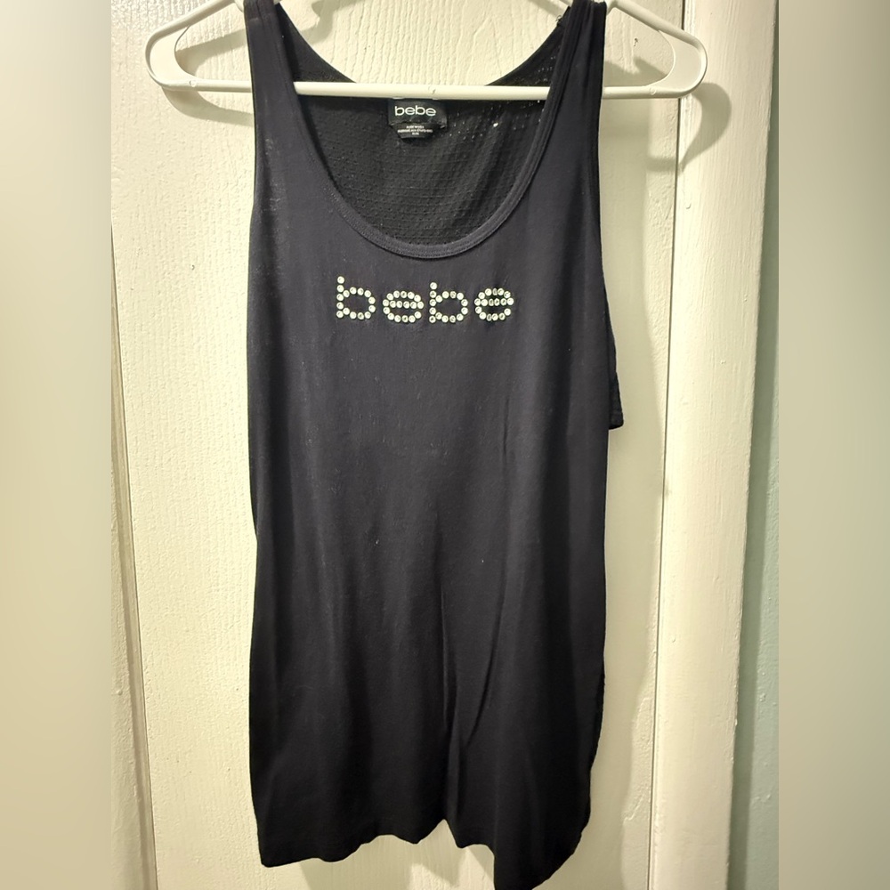 Bebe Black Tank Top with Embellished Logo